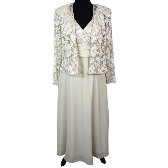 R & M Collection Dress Beige Sequin Lace Gown Jacket 2 Piece Set Formal Women 8P - Picture 1 of 9